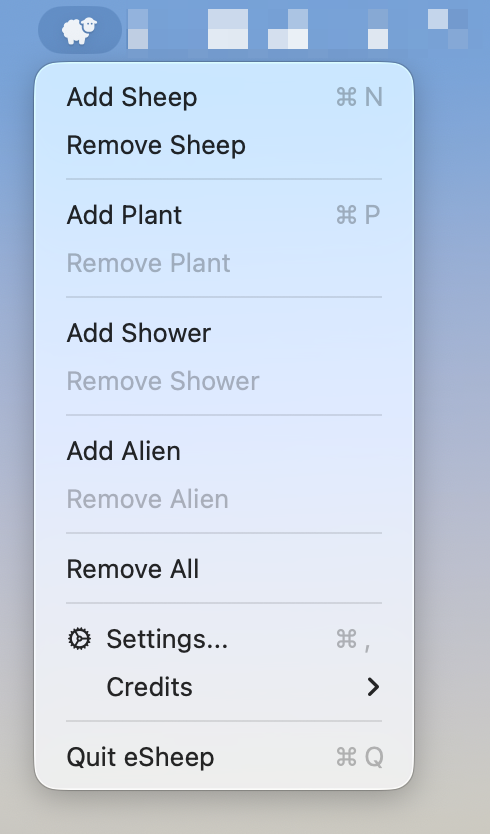 eSheep menu bar showing options to add sheep, plants, aliens, and more